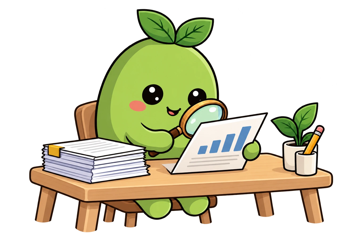 Beanie, Beanvest’s mascot, examining a financial report