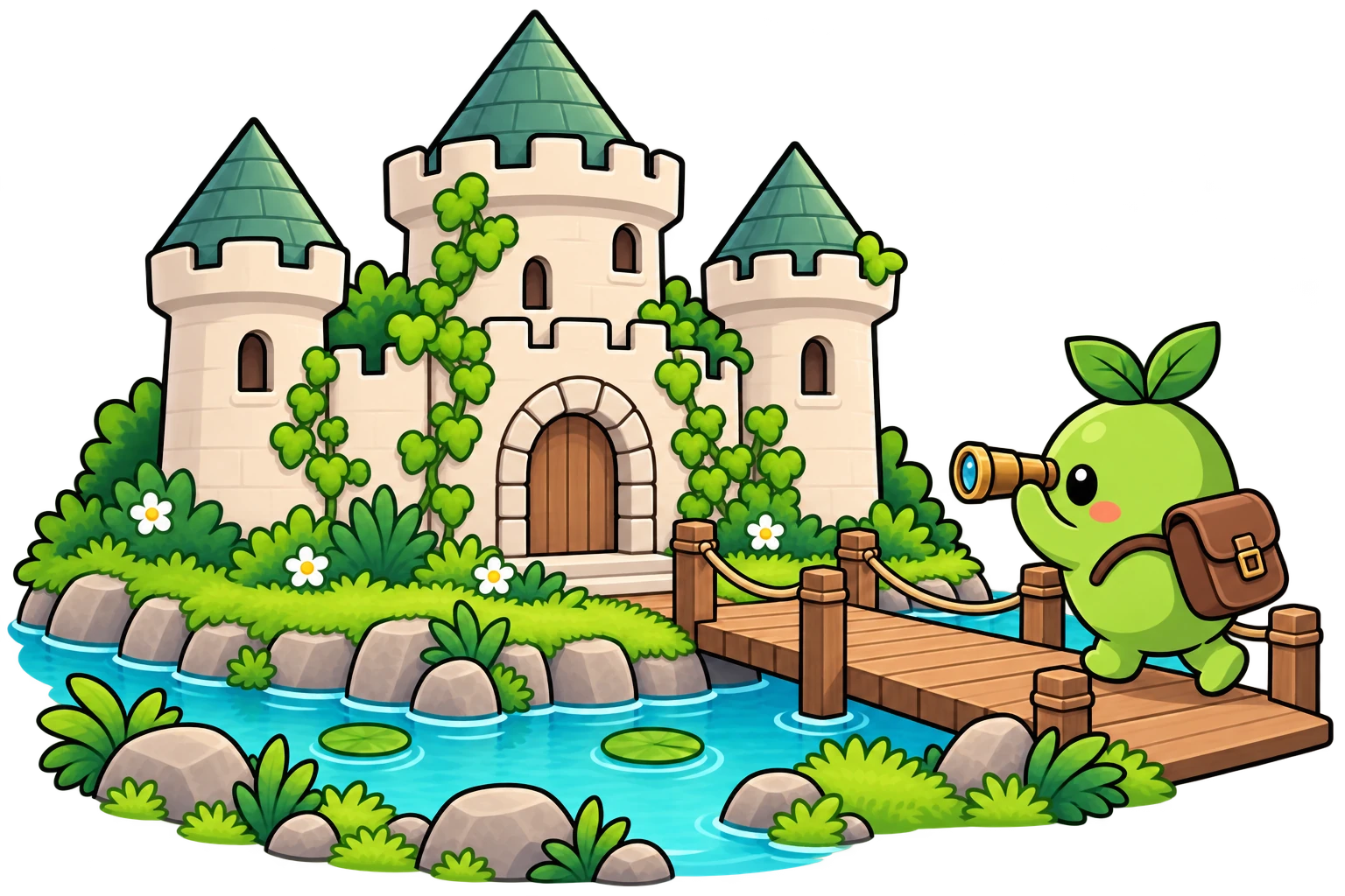 Beanie exploring a castle’s moat through a spyglass