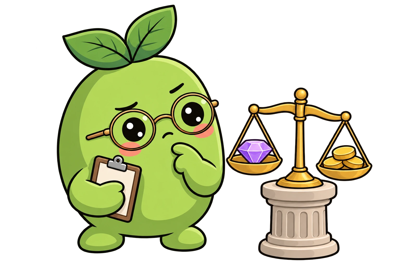Beanie wearing glasses and considering a gem and coins on a balance scale