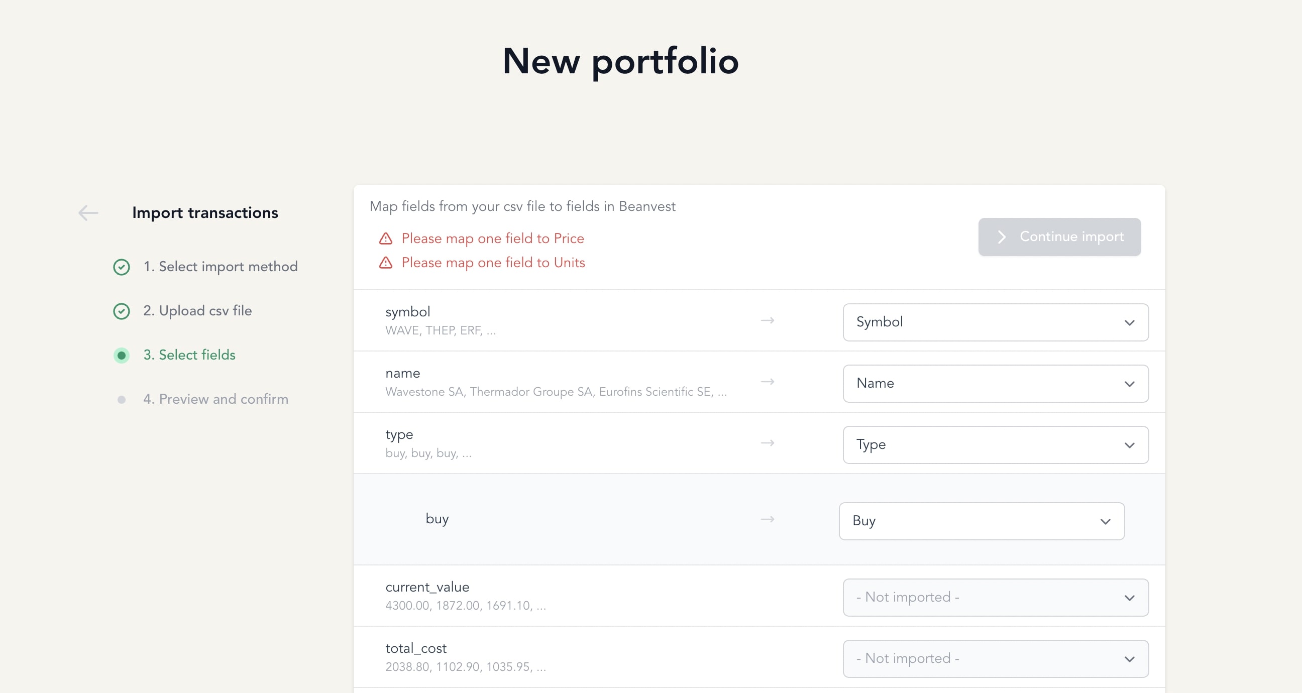 Transactions csv import